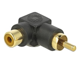 DeLock vinklet RCA adapter med guldbelagt han- og hunstik til lydkabler, sort plastikhus.