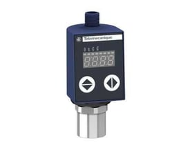 Schneider Electric XMLR pressostat med blåt kabinet og display, der viser trykmåling samt op- og ned-knapper.