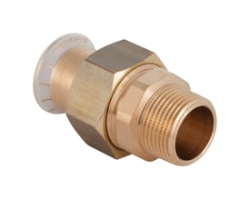 Geberit Mapress 28 mm forskruning i messing med muffe og udvendig gevind, hvid plastring ses.