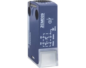 Detalje af Schneider Electric ZCMD21 endestop metalkrop, der viser ZCMD29 mærkning og elektriske symboler for 1NO+1NC kontakt.