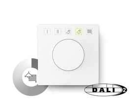 Jumitech DALI-2 potentiometer i hvid med drejeknap og fem funktionsknapper til grupper, scener og gardiner.