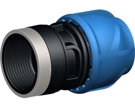 Georg Fischer iJOINT plastfitting med kompressionskobling på 75 mm ende og 3" indvendigt gevind muffe i blå og sort polypropylen.