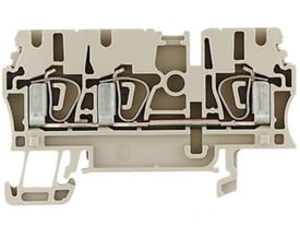 Tværsnit af beige Weidmüller gennemgangsklemme ZDU 2,5/3AN, der illustrerer fjederterminalerne og lederføringsområdet.