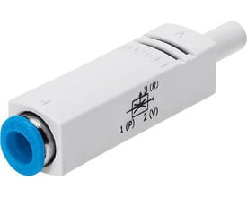 Festo vakuumejektor VN-05-M-I2-PQ1-VT1 i hvid plast, med symboler for trykluft og vakuum, klar til montering.