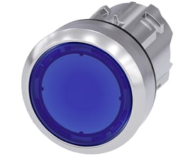 Siemens oplyst trykknap med blå, rund front og metalramme, 22mm diameter og flad betjening.