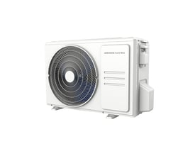 Hvid Andersen Electric Solarplus duo udedel AE 26/35 til luft/luft-varmepumpe, set skråt forfra med stor ventilator.