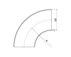 Teknisk tegning af en rustfri 90° svejsebøjning i 3D, 48,3 mm x 3,2 mm, 304L, med markering af OD og radius.