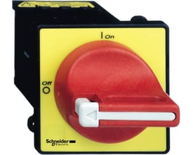 Schneider Electric sikkerhedsafbryder 20A, 3-polet, med rød/gul betjeningsknap og aflåsningsfunktion, vist på gul baggrund.