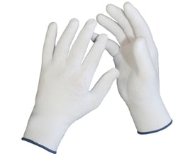 Et par hvide bomuldshandsker model 211-6 med indvævet Lycra og blå ribkant, vist på hvid baggrund.