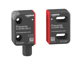 Telemecanique Sensors Preventa XCSRML0M12 RFID-sikkerhedskontakt med tilhørende aktuator i mørkegrå og rød.