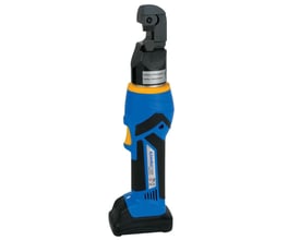 Klauke batteridrevet hydraulisk boltskærer med blåt og sort plasthus og gult greb til klipning af op til 12mm bolte.