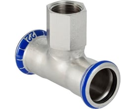 Geberit Mapress T-stykke i rustfrit stål med 35 mm presmuffer og en Rp½" indvendig gevindmuffe, komplet med blå markeringsringe.