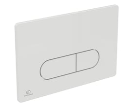 Nærbillede af Ideal Standard OLEAS mekanisk kontrolplade i hvid, viser den dobbelte skylleknap og blanke overflade.
