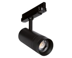 Sort LEDVANCE Tracklight Spot Zoom Dim-skinnespot med zoomlinse og 3-faset skinneadapter, set skråt forfra.