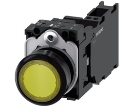Siemens oplyst trykknap i gul plastik med 22 mm diameter, 1NO/1NC kontakter og integreret LED på 24V.