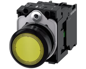 Siemens 22mm rund gul trykknap med 1NO kontakt og integreret 24V LED-modul, vist med bagmonteret kontakt.