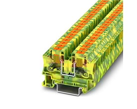 Phoenix Contact PTV 6-PE jordklemme, en række af grønne og gule klemmer med orange indsatser, monteret på en skinne.