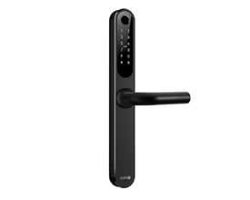 Sort Zafe T-Lock SCANDI appstyret smartlås med langt dørgreb, numerisk tastatur og kortlæser på fronten.