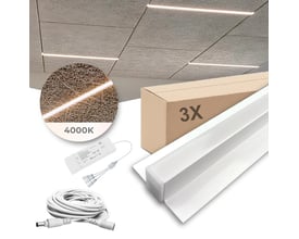 PureLED lysskinner til Troldtekt, sæt med tre hvide skinner på 60 cm og 4000K, vist med driver og kabler.