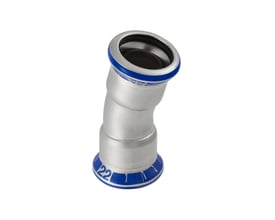 Geberit Mapress Rustfrit bøjning 15° med 28 mm presmuffer til brugsvand og varmeinstallationer, vist på hvid baggrund.