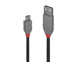 Sort 2 meter USB 2.0 kabel med Type A og Micro-B hanstik, fremviser LINDY logo og røde detaljer på grå stik.