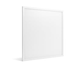 Neutral LED-panel på 60 x 60 cm med hvid kant, vist skråt forfra med den matte lysflade.