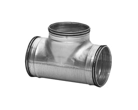 Oversigtsbillede af Lindab Safe TCPU T-stykke, vist med 500 mm hoveddimension og 160 mm gren, fremstillet i galvaniseret stål.