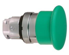 Nærbillede af Schneider Electric paddetrykshoved ZB4 i grøn, 40mm, med synlig fjeder-retur mekanisme og metalmontering.
