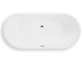 Oversigtsbillede af et fritstående, ovalt badekar i mat hvid akryl med dimensionerne 1800 mm, der viser krom bundventil og overløb.