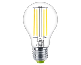 Philips Master E27 LED-pære Ultra Efficient med klar glas og synlige gule filamenter, 485lm, 4000K.