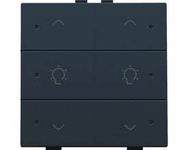 Niko dæmpertryk med LED i antracit til dobbelt lysstyring, viser symboler for op, ned og pære.