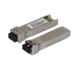 Aruba SFP+ transceiver til 10G og op til 300 meter med LC-interface, vist som to sølvfarvede moduler.