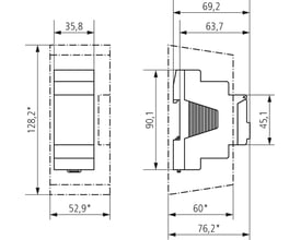 Teknisk tegning af Theben Simplexa 602 Top kontaktur med dimensioner i mm for montering og placering.