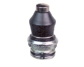 Endestophoved ZCE11 fra Schneider Electric med metalstempel og bælg, set forfra med mørk bælg og gevindbase.