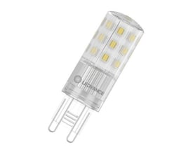 Klar LED-PIN-lyskilde fra LEDVANCE med G9-stiftsokkel og 806 lm, vist skråt med synlige LED-elementer og to stifter.