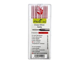 Nærbillede af Pica Dry refills, der viser de 10 røde stifter i en gennemsigtig emballage med tysk og engelsk tekst.