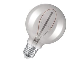 Ledvance 1906 LED Globe pære i røgfarvet glas med synlige filamenter og E27 fatning på hvid baggrund.