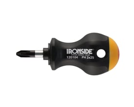 Ironside PH1 tumling-skruetrækker med kort klinge og sort håndtag med gul endekappe, set fra siden.