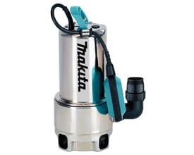 Makita PF1110 dykpumpe set fra siden, med fokus på tilslutningsstykket og det 10 meter lange kabel.