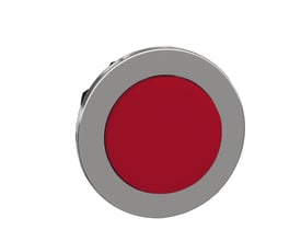 Schneider Electric Harmony XB4 trykknaphoved ZB4FL4, rød, flush med metalring og hvid baggrund.