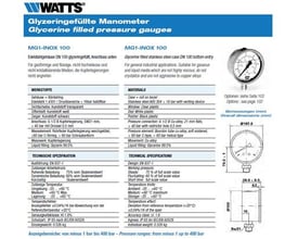 Watts glycerin manometer til industrielt brug, model MG1-INOX 100, med Ø100mm ur og ½" lodret gevind. Inkluderer tekniske specifikationer og dimensionstegning.