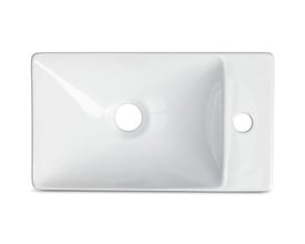 Hvid, firkantet håndvask i keramik, 38x22x10 cm, med hanehul til højre og uden overløb.