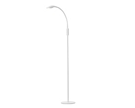 Nielsen Light Mamba gulvlampe i hvid med en buet arm og integreret LED-lys, H140cm. Lampen har en rund base og en diskret afbryder.