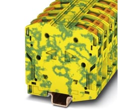 Phoenix Contact PTPOWER 50-PE jordklemme i grøn/gul med Power-Turn tilslutning, viser montering på NS 35/15 skinne.