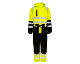 Lyngsøe 4WS vinterdragt i gul og sort med hætte, refleksbånd, brystlomme og bælte, set forfra.