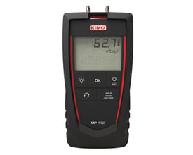 Kimo MP112S D M differenstryksmanometer med digital skærm, der viser 62.71 mbar. Instrumentet har sorte knapper og røde detaljer.