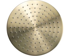 Rund hovedbruser Ø250 mm i børstet guld med en 1/2" tilslutning og mange små dyser, vist mod en hvid baggrund.