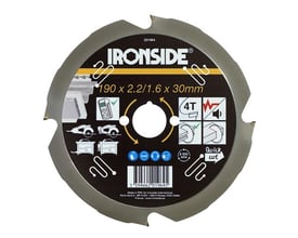 Ironside rundsavklinge til fibercement, set forfra med mørk metalklinge og mærkat med mål og fire tænder.