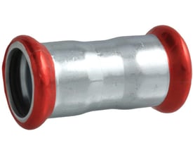 Unico forzinket dobbeltmuffe til 42mm pressrør i stål med røde endestykker der indikerer EPDM pakning.