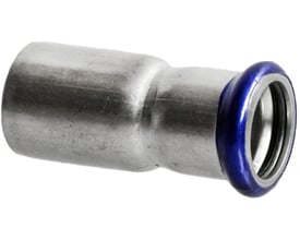 Unico rustfri reduktion sf 76,1-54mm med nippelende og blå pressmuffe, fremstillet i syrefast materiale.
